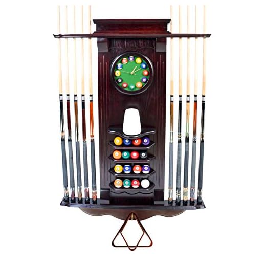 ISZY Billiards - Cue Rack Only 10 Pool Cue - Billiard Stick Wall Rack W/Clock Choose Mahogany, Dark Oak or Black Finish (Mahogany)
