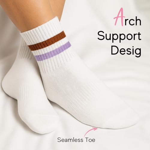 HONGTEYA Cotton Crew Socks for Women Cute Retro Striped Socks 5 Pairs with Arch Support Casual Athletic Vintage (Multicolor)4