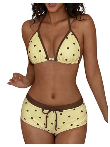 WDIRARA Womens Polka Dots 2 Piece Swimsuit Triangle Halter Bikini Set Boyshorts Bathing Suit Light Yellow X-Small