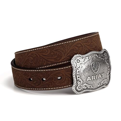 ARIAT Men's Genuine Aged Bark Leather Belt w/Floral Embossed with Antique Silver Logo Buckle2