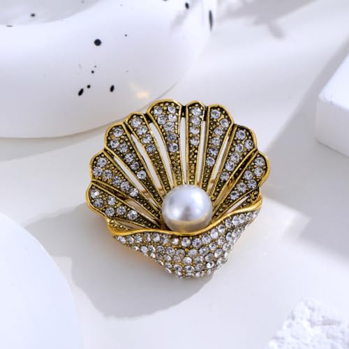 Image of Seashell Brooch Pin White Pearl Crystal Shell Lapel Pin Vintage Clam Shell Badges Women Men Suit Coat Jewelry Chic Dress Sweater Jacket Decors