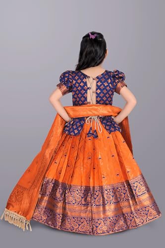 Image of Girls Pattu Pavadai Ready to Wear Lehenga, Blouse & Dupatta Set - Heavy Jacquard Fabric, Fully Stitched