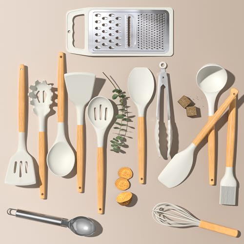 Umite Chef Silicone Kitchen Utensil Set, 34PCS Heat Resistant Kitchen Gadgets and Tools With Grater, Cream White Wood Handles for Nonstick Cookware