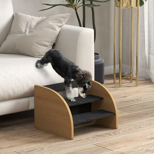 PawHut Hundetreppe 3 Stufen 30 cm Hoch Haustiertreppe mit Seitenwand Hunderampe für Kleine Hunde Katzentreppe Einstiegshilfe für Bett, Sofa, Couch und Auto Eiche