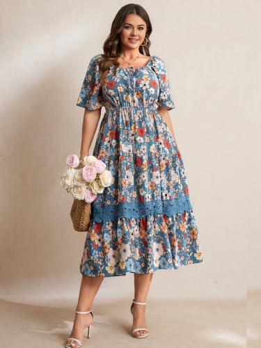 Image of RWJ Women's Plus Size Maxi Dress Short Sleeve Square Neck Flowy A-Line Lace Trim Flutter Party Casual Off Shoulder Dresses