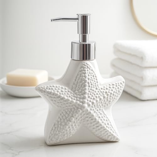 Image of Whizzo Ceramic Starfish Design Liquid Soap Dispenser for Bathroom & Kitchen - Premium Ocean Theme Lotion Bottle with Chrome Pump, White Finish (420ML, LD-212, Design 1)