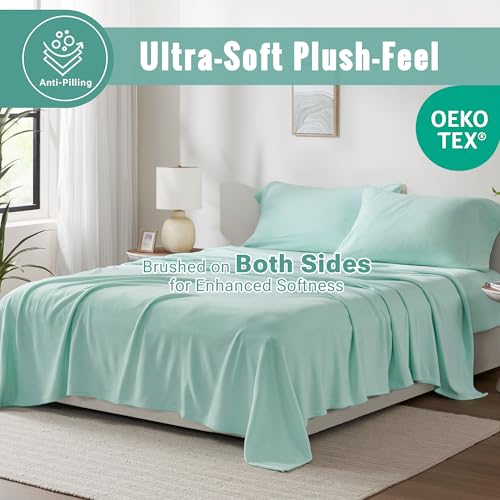 Image of True North by Sleep Philosophy Fleece Sheet Set Twin XL, Solid Color, Warm & Plush Sheets Soft Fleece Bedding Set, Twin XL Size Sheets, Fitted Pocket Fits Up to 16 inch Mattress, Twin XL Aqua 3 Piece
