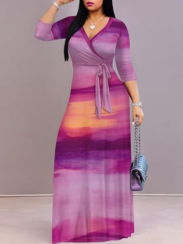 Image of Women's V Neck Floral Maxi Dress 3 /4 Sleeve Plus Size Boho Wrap Flowy Long Dresses with Belt