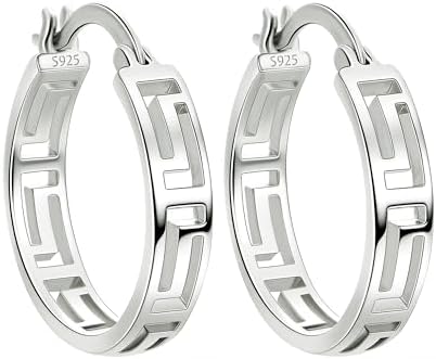 925 Sterling Silver Greek Key Hoop Earrings for Women, Lightweigh...