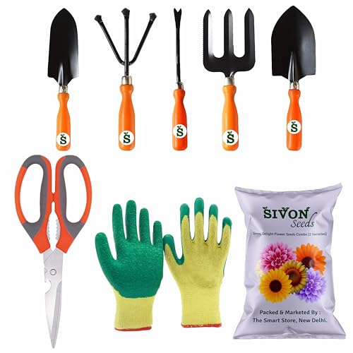 Image of SIVON Gardening Tools Kit-8 Pcs (Fork, Cultivator, Big Trowel, Small Trowel, Weeder, Garden Scissor, Gardening Gloves Green, Flower Seeds Packet) | Durable Gardening Tools