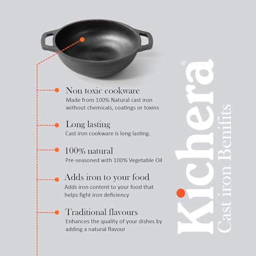 Image of Kichera Pre Seasoned Cast Iron Kadai with 2 Loop Handles (8 Inch) | Non Stick Super Smooth Cast Iron Kadhai 1.9kg | 1.5L Capacity | 21cm Diameter Wok for Deep Frying | Pure & Toxin-Free