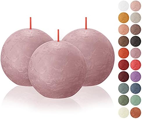 BOLSIUS 3 Pack Ash Rose Rustic Ball Pillar Candles - 3 Inch - Premium European Quality - Natural Eco-Friendly Plant-Based Wax - Unscented Dripless Smokeless 25 Hour Party Décor and Wedding Candles