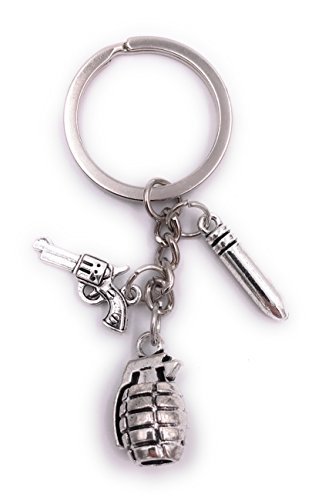 H-Customs Cartouche de pistolet à main grenade porte-clés pendentif en métal argenté