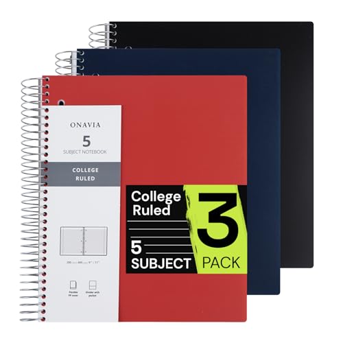 ONAVIA Spiral Notebook for School 3 Pack, 5 Subject, College Ruled Paper, 200 Sheets, 9