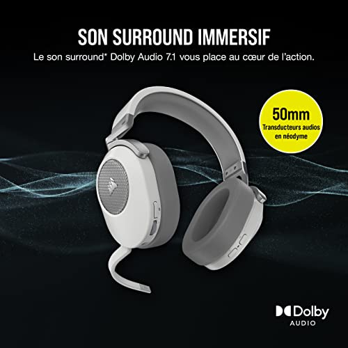 Corsair HS65 Wireless Casque Gaming - Faible Latence 2,4 Ghz sans Fil ou Bluetooth, Son Surround Dolby® Audio 7.1, Légère, Microphone Omnidirectionnel, Commandes Audios Accessibles - Blanc