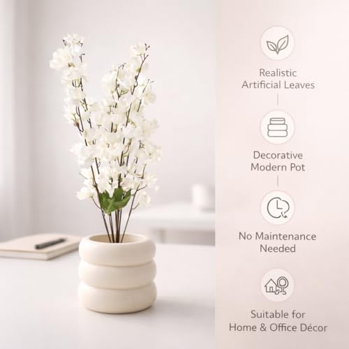 Image of Artificial White Flower Stems in Modern Ceramic-Style Pot Faux Blossom Arrangement for Home Decor, Living Room, Bedroom, Office Desk, Table Centerpiece & Interior Decoration