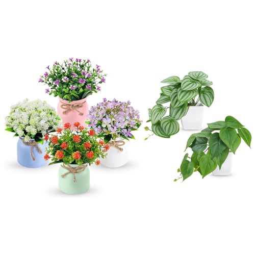 Der Rose Bundle of 4 Pack Faux Flowers and 2 Pack Small Fake Plants for Living Room Home Bathroom Office Decor