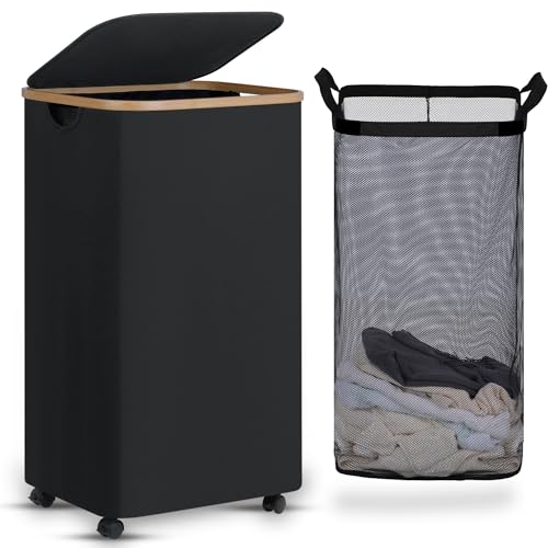 efluky Laundry Basket with Wheels, Tall Rolling Laundry Hamper with Lid and Removable Bag, Aesthetic Dirty Clothes Hamper on Wheels for Laundry Room, Bedroom, Dorm and Bathroom, 100L Black