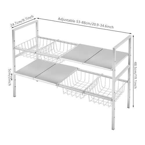Organizador para debajo del lavabo, estante expandible de 2 niveles, altura ajustable, acero inoxidable, para baño y cocina miniatura 5
