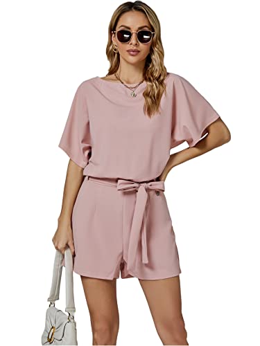 Umenlele Women’s Casual Crew Neck Tie Knot Waist Belted Short Sleeve Romper Jumpsuit Playsuit Light Pink Small #TOP4