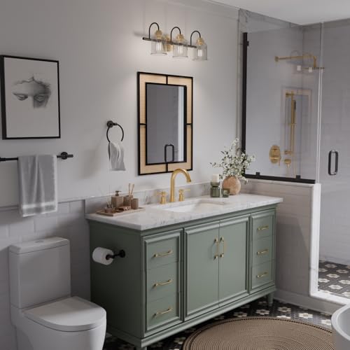 Image of Globe Electric 4-Piece All-in-One Bathroom Set, Matte Black, 3-Light Vanity Light with Seeded Glass Shades and Matte Brass Accents, Towel Bar, Toilet Paper Holder, Towel Ring