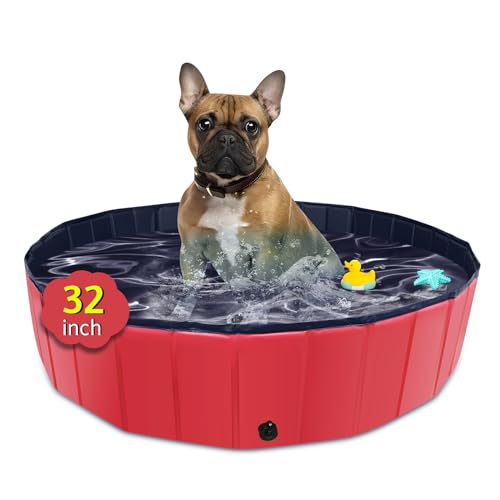 CACSPS Foldable Dog Pool, 32" x 8" Kiddie Pool with Hard Plastic, Non-Slip Dog Bath Tub for Outdoor Backyard, Collapsible Dog Swimming Pool for Kids Dogs Pets (Red) by CACSPS - Used condition - US$23.50