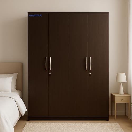 Image of AAVATAR 4 Door Wooden Wardrobe with Drawers & Hanging Rod | Wenge Engineered Wood Cupboard for Bedroom | Almirah with Lockable Doors, Spacious Shelves Storage | H78 x W64 x D19 Inch