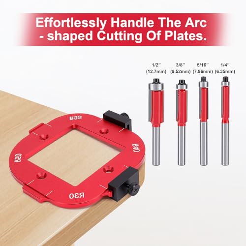 Yosoo Health Gear Frässchablone für Oberfräse, 2 Stück Radius Jig Router Schablone, Aluminiumlegierung Ecke Radius Schablone mit 4 Bündigfräser für Holzbearbeitung R10 R15 R20 R25 R30 R35 R40 R50