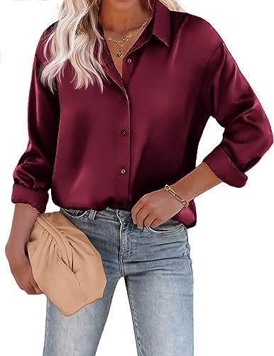 Beyove Damen Bluse Satin Seide V-Ausschnitt Hemden Elegant Langarm Business Oberteile mit Knöpfen Tops Lose Langarmshirt Rotwein S