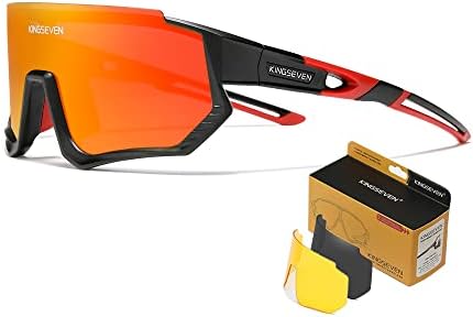 KINGSEVEN Polarized Cycling Glasses for Men Women Bicycle Sports MTB Road Bike Sunglasses with 3 Interchangeable Lenses LS910 (C06 Black Red Red)
