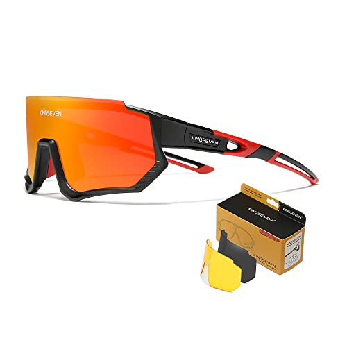 Kingseven Polarized Cycling Glasses For Men Women Bicycle Sports Mtb Road Bike Sunglasses With 3 Interchangeable Lenses Ls910 (C06 Black Red Red) #TOP29
