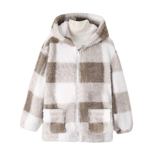 Girls Fleece Jacket Cute Plaid Zip Up Hoodie Sherpa Coat Winter Fall Warm Soft Girl Clothes With Pockets 8-14 Years3