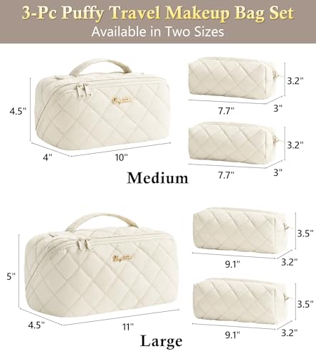 Image of Travel Makeup Bag, Large Capacity Puffy Toiletry & Cosmetic Bag for Women | 3 PCS Open Flat Quilted Makeup Cosmetic Organizer, Waterproof w /Clear Divider Portable Pouch for Skincare Travel Essentials