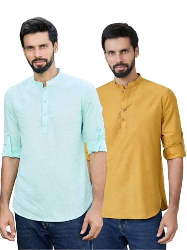 See Designs Men's Roll-Up Sleeve Mandarin Collar Green & Mustard Cotton Solid Short Kurta (Pack of 2) - Festive Collection | - SDCBKT3225XL