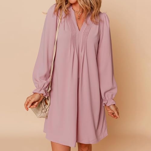 FHGSPQWM Robe décontractée avec robe d'été plissée fluide, manches volantées, col en V, robe d'été fluide pour femme, robe décontractée trapèze, manches volantées, col en V, coupe ample, marron, L – vue 6