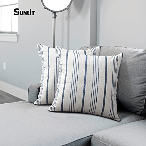 Sunlit Decorative Farmhouse Throw Pillow Case, Set Of 2 Cream/Off-White With Blue Stripes Modern Accent Square Pillow Cover, 18" X 18", Textured Linen Throw Pillow Case For Sofa Couch Chair Bedroom #TOP2