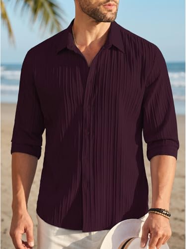 Image of DEELMO Men's Button Down Dress Shirts Textured Long Sleeve Casual Hawaiian Beach Shirt