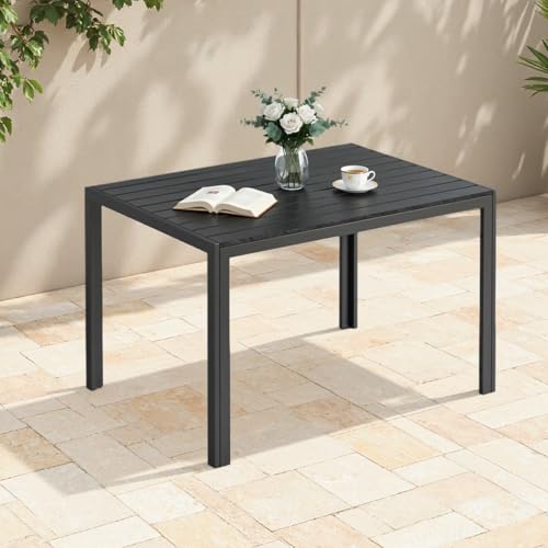 Clevich Gartentisch Wetterfeste, 110x70cm, Outdoor-Esstisch, WPC Balkontisch, Aluminiumrahmen, Wetterfeste Gartenmöbel, Quadratischer Terrassentisch, Schwarz