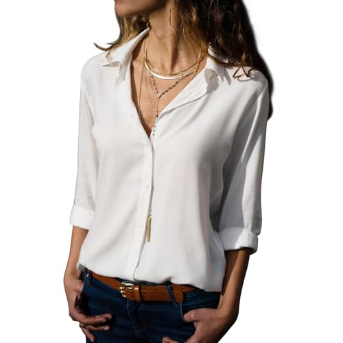 Camisas, Sports Ablanczoom Camisa de Chifón para Mujeres: Blusa Elegante y de Moda Camisa Casual con Botones de Manga Larga de Cuello V