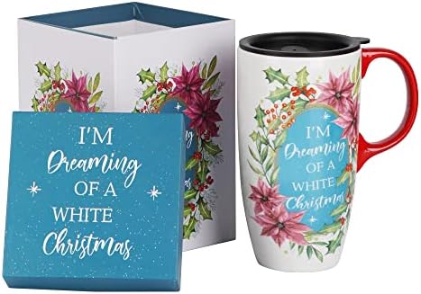 Topadorn Ceramic Travel Mug Porcelain Coffee Cup with Spill-proof Lid and Color Box 17 Oz,White
