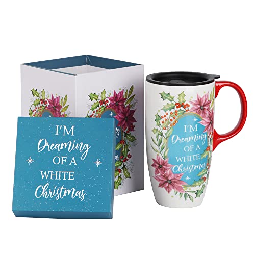 Topadorn Ceramic Travel Mug Porcelain Coffee Cup With Spill-Proof Lid And Color Box 17 Oz,White #TOP24
