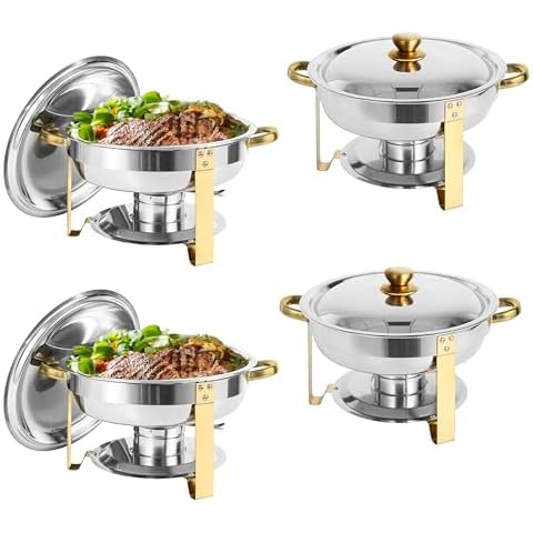 IMACONE Chafing Dish Buffet Set of 4, 5QT Round Stainless Steel Chafer for Catering, Upgraded Chafers and Buffet Warmer Sets w/Food & Water Pan, Lid, Gold Frame, Fuel Holder for Party Wedding Holiday Cover