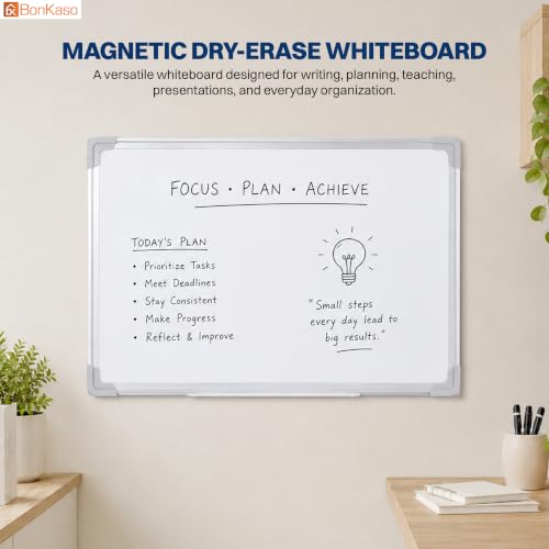 Image of Bonkaso Magnetic Dry Erase Whiteboard 90 x 60 cm with Aluminium Frame, Movable Marker Tray, 2 Markers, Eraser & 6 Magnets, Wall-Mounted Writing Board for Home Office School Classroom