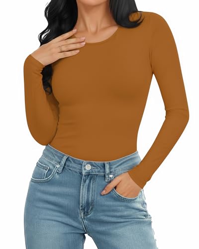 Image of Mangopop Women' Long Sleeve Ribbed Bodysuit Jumpsuits