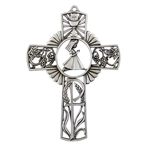 Pewter First Communion Wall Cross with Praying Girl, 5 Inch Cover