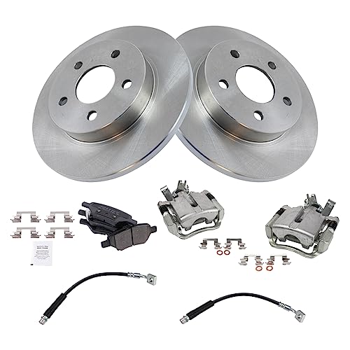 Image of TRQ Rear Brake Pad and Rotor Set Semi Metallic Rotors Calipers Hoses | For 2004-2012 Chevrolet Malibu 2005-2010 G6 2007-2009 Aura