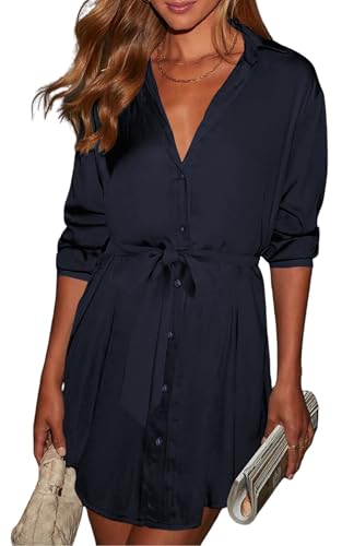 ECOWISH Womens Button Shirt Dress with Pockets Fall Summer Short Mini Dresses Long Sleeve 3/4 Sleeve Long Tunics Blouse Belt 19NavyBlue Large