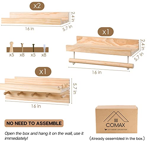 Comax Kids Floating Book Shelves For Wall Nursery, Hanging Book Shelf Wall Mount Bookshelf Organizer For Kids Room Toddler Baby Bedroom, Small Natural Wood Floating Shelves Kids Bookshelf Reading Nook #TOP2