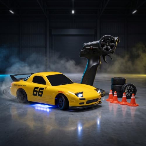 Image of Vortex RC Drift Car, 20 Km /h High Speed Remote Control Car, 2.4GHz 4WD with Pop-Up LED Headlights, Multi LED Lights, Long Range Control (Overdrive, Yellow)