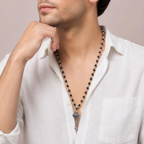 Image of Karungali Malai 8mm Certified with Bajrang Hanuman Gada Pendant Silver Plated | 54 Beads Authentic Black Ebony Wood Mala with German Silver Cap | Spiritual Protection Chain for Men & Women